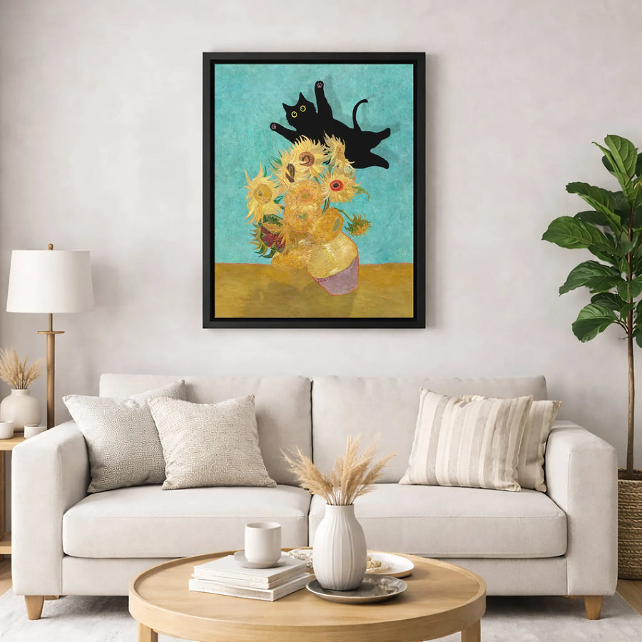 Black Cat Sunflowers Canvas | Funny Van Gogh Parody Wall Art | Gallery Quality 1.25" Profile | Whimsical Gift for Cat Lovers