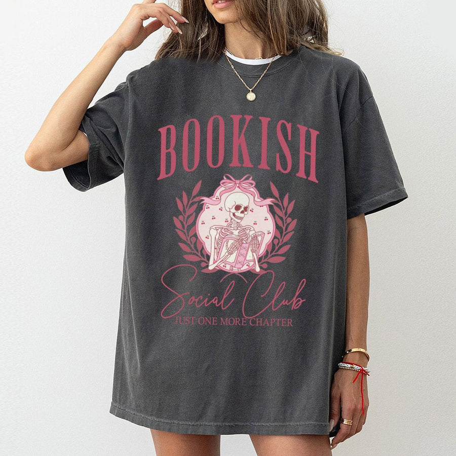Bookish Social Club T-Shirt | Aesthetic Coquette Skeleton Reading Design | Premium 100% Cotton Tee | Gift for Bookworms and Literature Lovers