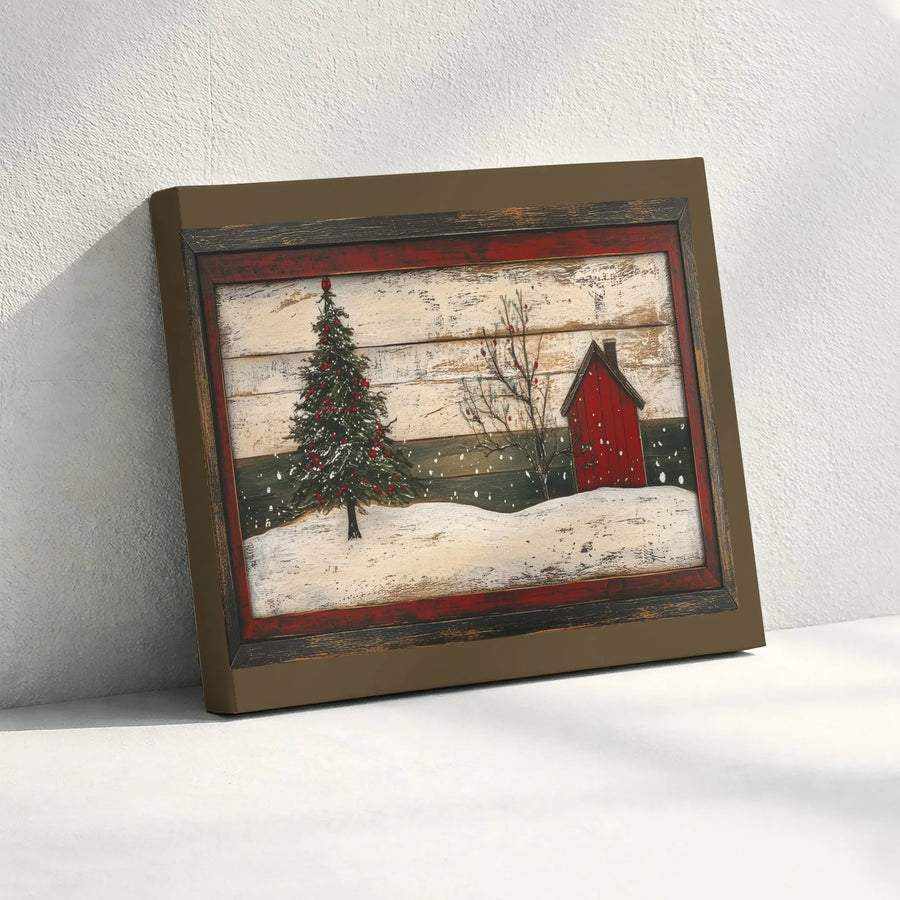 Rustic Red Barn Winter Canvas Wall Art | Snowy Christmas Tree Print | Gallery-Quality 1.25" Profile | Holiday Farmhouse Home Decor Gift