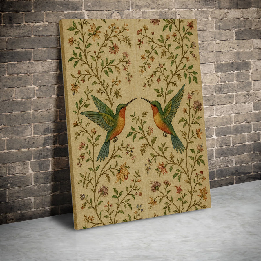 Hummingbird Wall Art Canvas | Symmetrical Vintage Floral Botanical Print | Premium Gallery-Wrapped Decor | Nature-Inspired Gift for Home