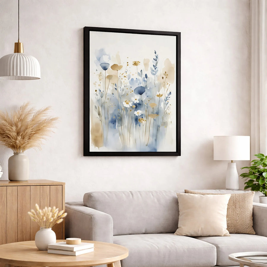 Abstract Watercolor Wildflower Canvas Wall Art | Blue and Gold Botanical Print | Premium Gallery Wrap | Modern Home Office Decor Gift