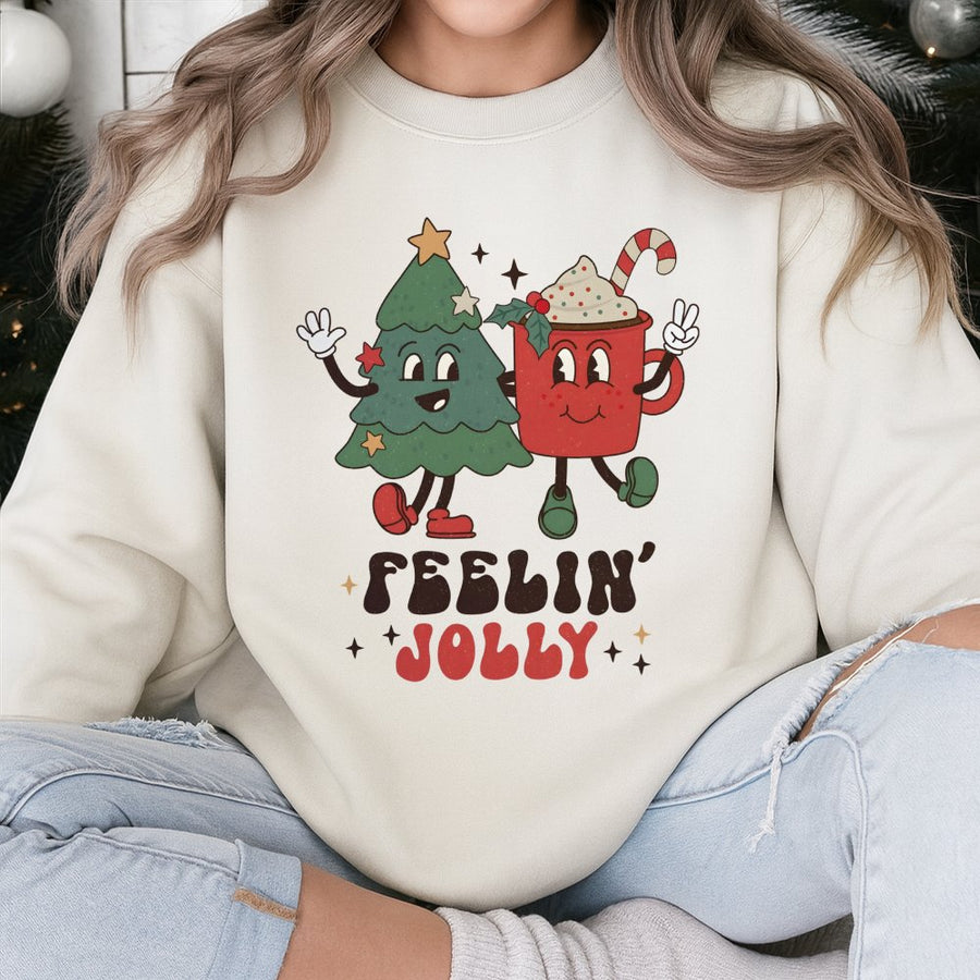 Feelin' Jolly Retro Christmas Sweatshirt | Cute Tree and Hot Cocoa Graphic | Premium Cotton Blend | Funny Holiday Gift for Women