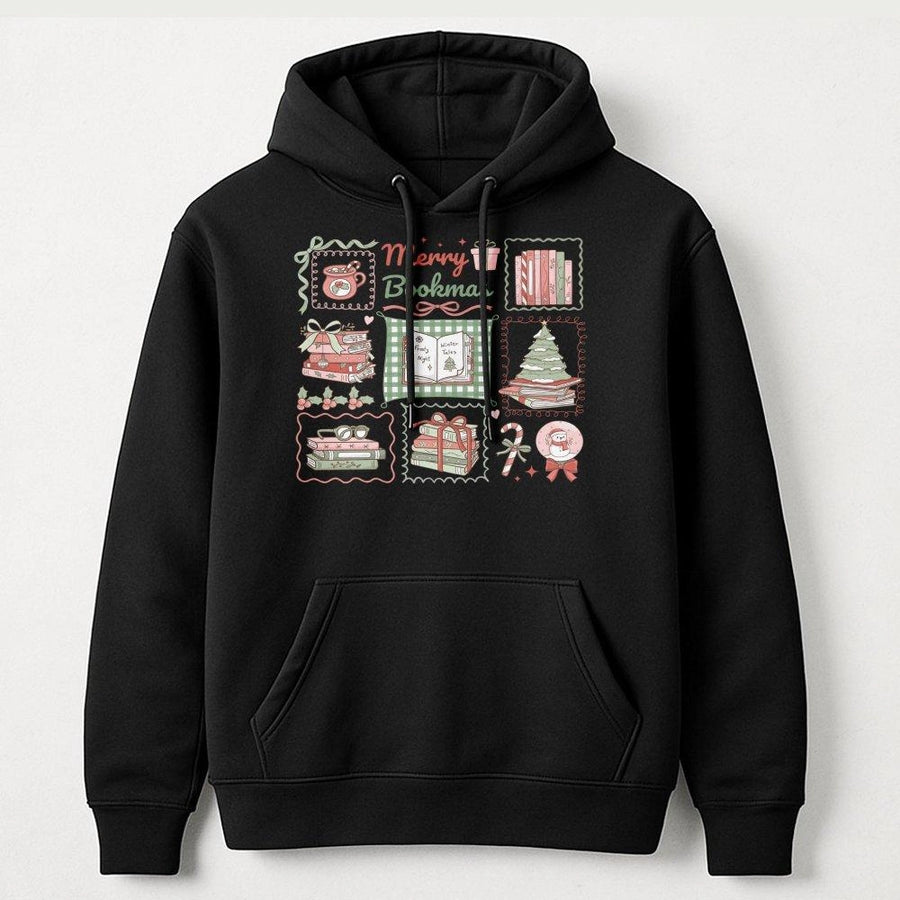 Merry Bookmas Hoodie | Cozy Winter Reading Graphic Sweatshirt | Cotton-Polyester Blend | Perfect Christmas Gift for Book Lovers and Librarians