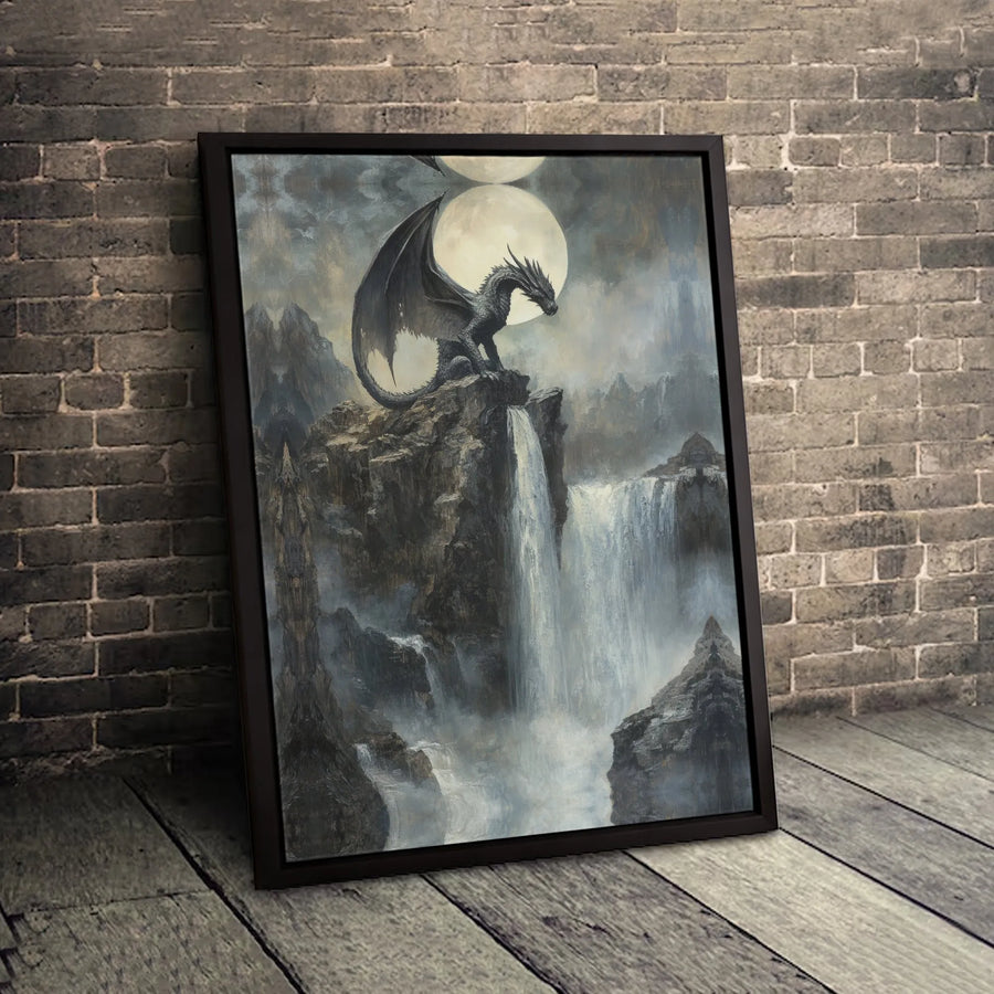 Dragon Canvas Wall Art | Fantasy Landscape Waterfall Print | 1.25 Inch Premium Gallery Wrap | Mythical Creature Decor Gift for Fans