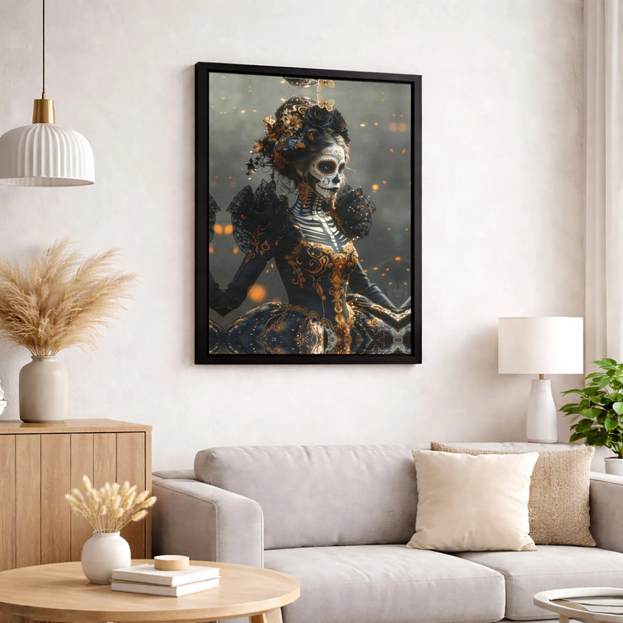 Day of the Dead Sugar Skull Canvas | Elegant Catrina Portrait in Gold and Black | Premium Gallery-Wrapped Wall Art | Gothic Halloween Decor Gift