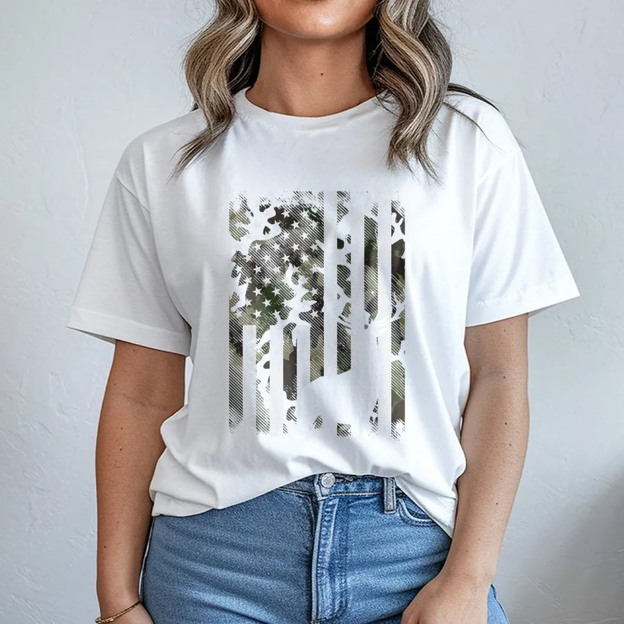 American Flag Deer Hunting T-Shirt | Camo Buck Silhouette Graphic | 100% Premium Cotton | Wildlife Outdoorsman Gift for Hunters