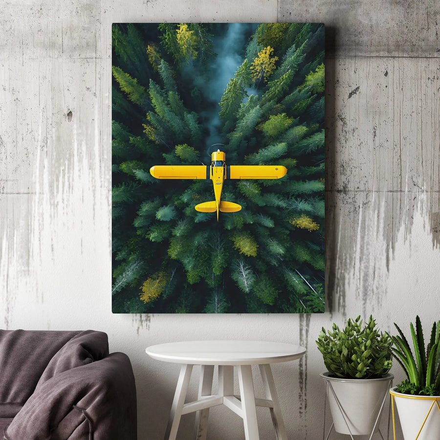 Yellow Airplane Canvas Print | Aerial Forest View Wall Art | Premium Gallery Wrap Decor | Aviation Gift for Pilots & Office