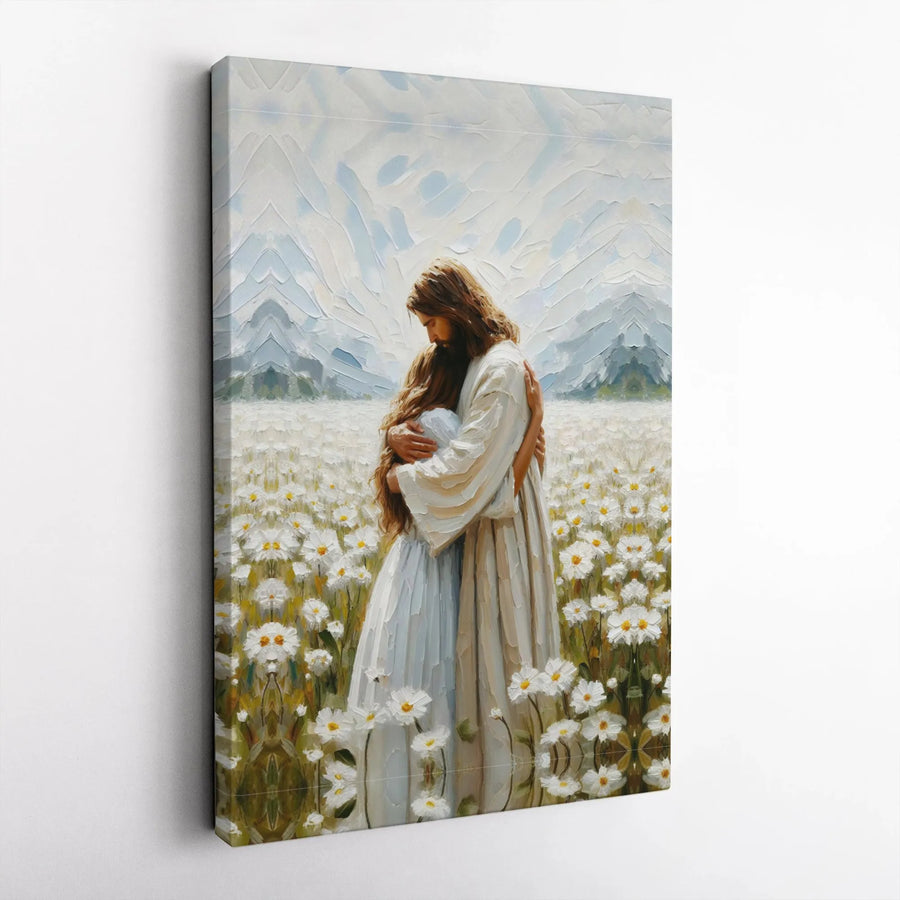 Jesus Christ Embracing Woman Canvas Art | Floral Daisy Field Painting | Premium Gallery Wrap Wall Decor | Religious Christian Gift For Her