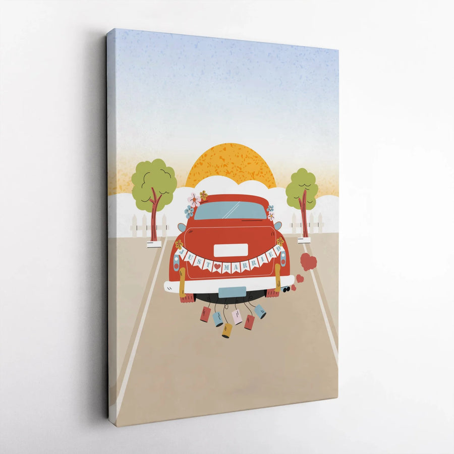Just Married Getaway Car Canvas Wall Art | Retro Wedding Illustration | Premium Gallery Quality Print | Unique Wedding Gift for Newlyweds