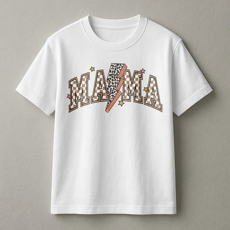 Mama T-Shirt | Retro Checkered Lightning Bolt Design | Premium Soft Cotton Tee | Trendy Mother's Day 2026 Gift For Mom From Daughter Or Son