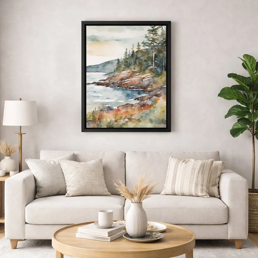 Rocky Shoreline Canvas Wall Art | Watercolor Coastal Pine Tree Landscape | 1.25 Inch Premium Gallery Wrap | Nature Inspired Home Decor Gift