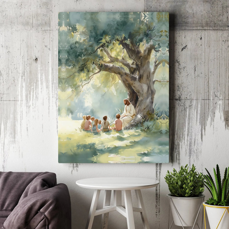 Jesus Teaching Children Canvas Wall Art | Watercolor Religious Painting | Premium Gallery Wrap Print | Christian Home Decor Gift