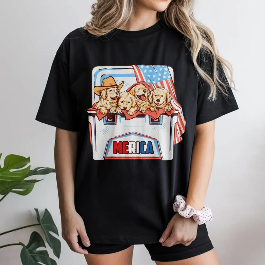 Patriotic Golden Retriever T-Shirt | Cute Puppies in Cooler with USA Flag | Soft Cotton Graphic Tee | 4th of July Merica Gift for Dog Lovers