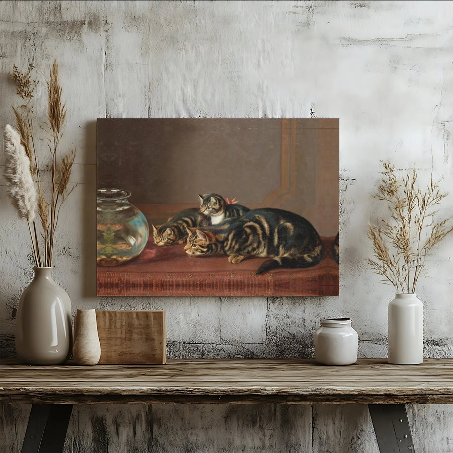 Vintage Cat Art Canvas | Tabby Cats Watching Goldfish Bowl | Premium Gallery Wrapped Decor | Whimsical Animal Wall Art Gift for Cat Lovers