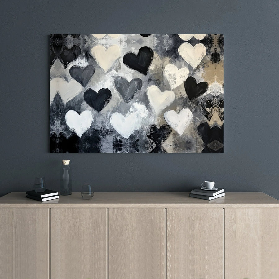 Abstract Heart Wall Art | Black And White Painted Hearts Canvas | Premium Gallery Wrapped Decor | Modern Minimalist Living Room Gift