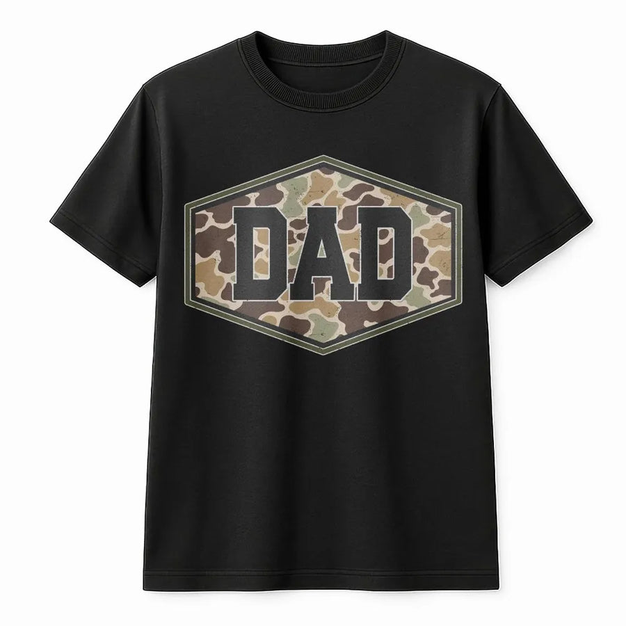 Camo Dad T-Shirt | Distressed Varsity Camouflage Graphic | Premium Cotton Tee | Fathers Day Gift for Hunter Dad