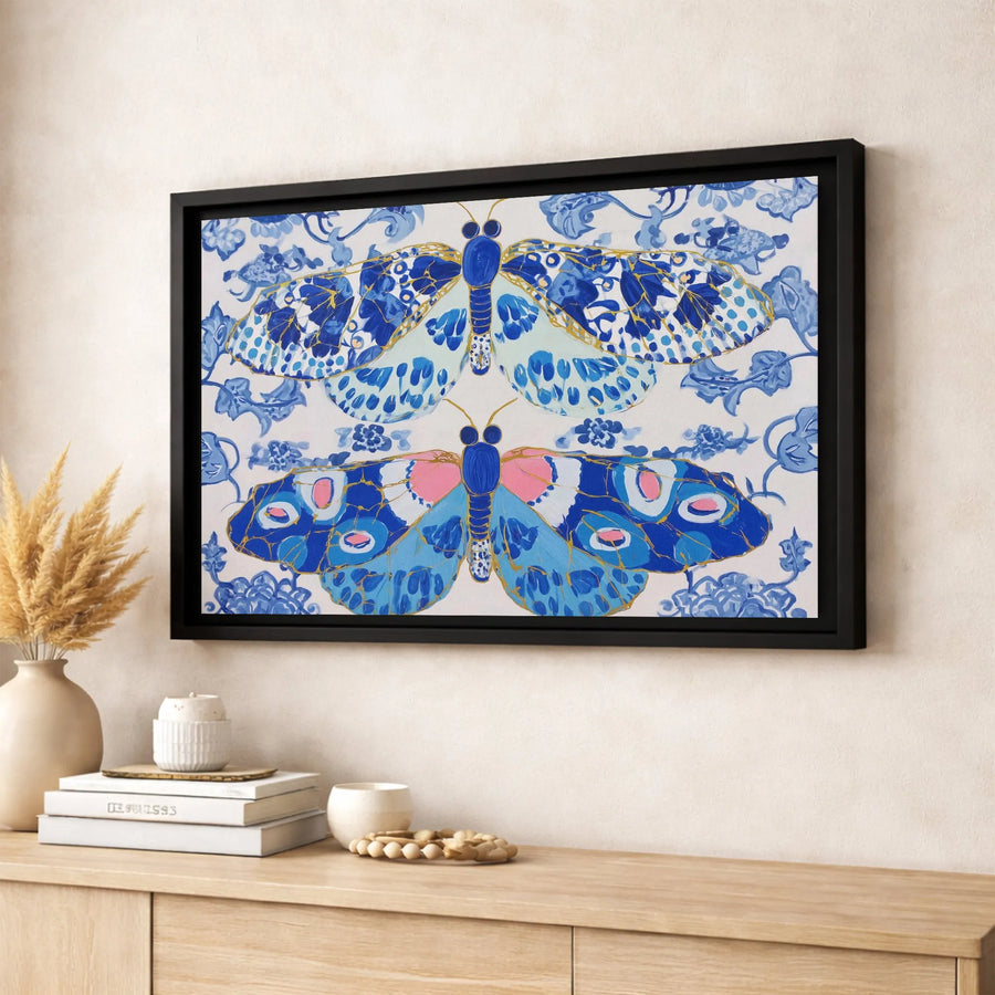 Blue Butterfly Wall Art | Gold Foil Chinoiserie Floral Canvas | Premium Gallery-Wrapped Print | Elegant Home Decor For Bedroom Or Living Room