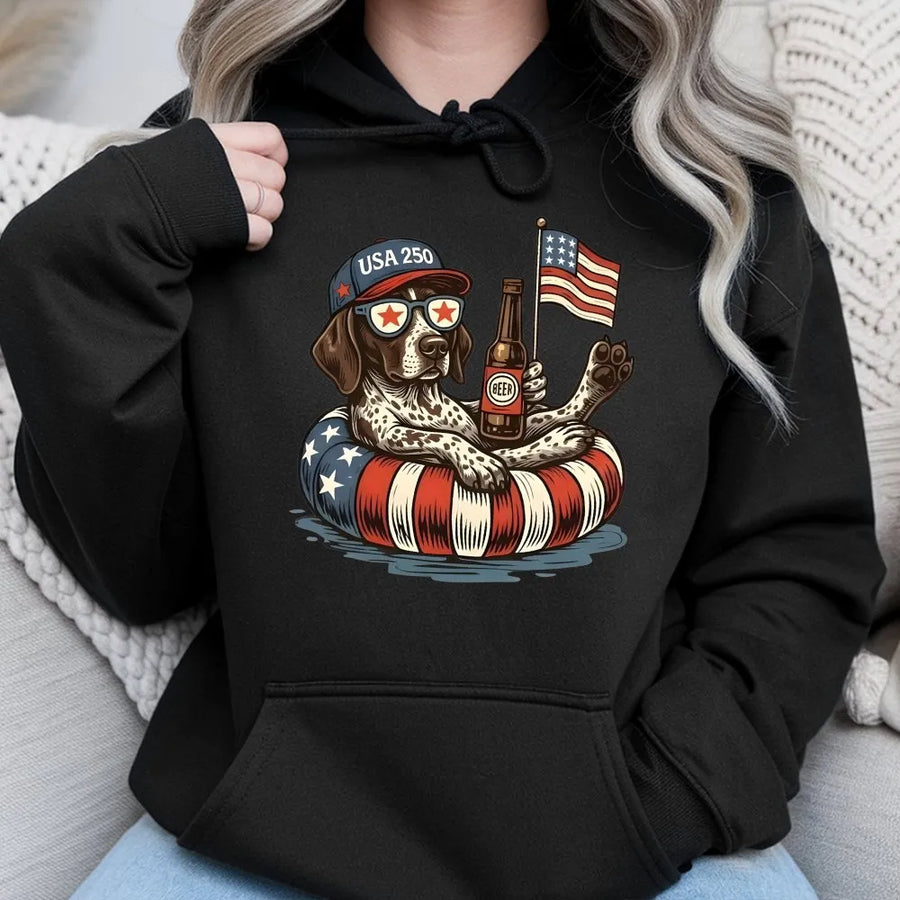 USA 250th Anniversary Dog Hoodie | Patriotic Dog with American Flag | Cozy Cotton Blend Crewneck | Independence Day Gift for Dog Lovers