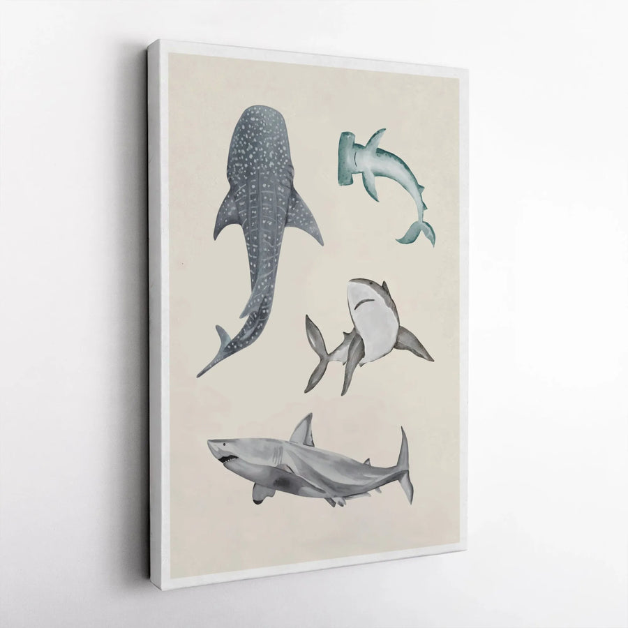 Watercolor Shark Wall Art | Whale Shark Hammerhead Great White Print | Gallery Quality 1.25-inch Canvas | Coastal Nautical Home Decor Gift