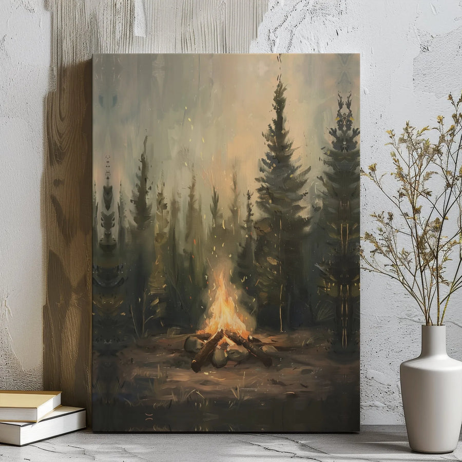 Campfire Pine Forest Canvas Wall Art | Moody Wilderness Landscape Print | Premium Gallery Wrap Decor | Nature Lover Cabin Gift