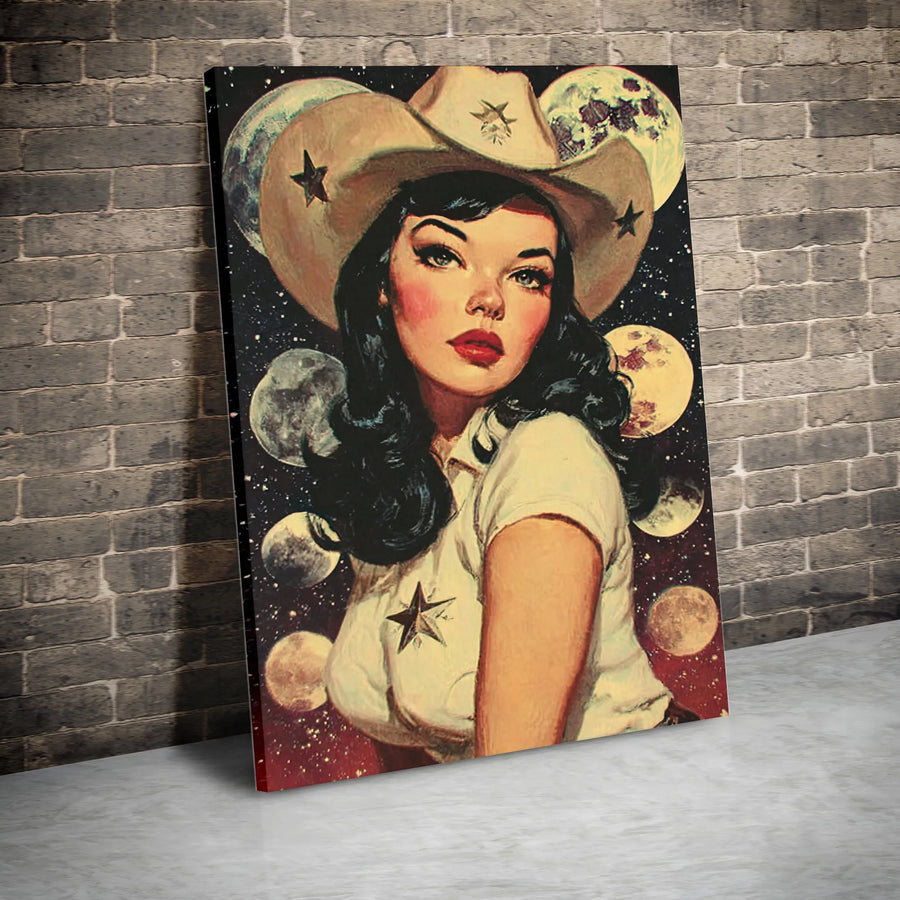 Space Cowgirl Vertical Canvas | Vintage Sci-Fi Western Pin-Up Wall Art | Premium Gallery Wrapped Canvas | Eclectic Home Decor Collector's Gift