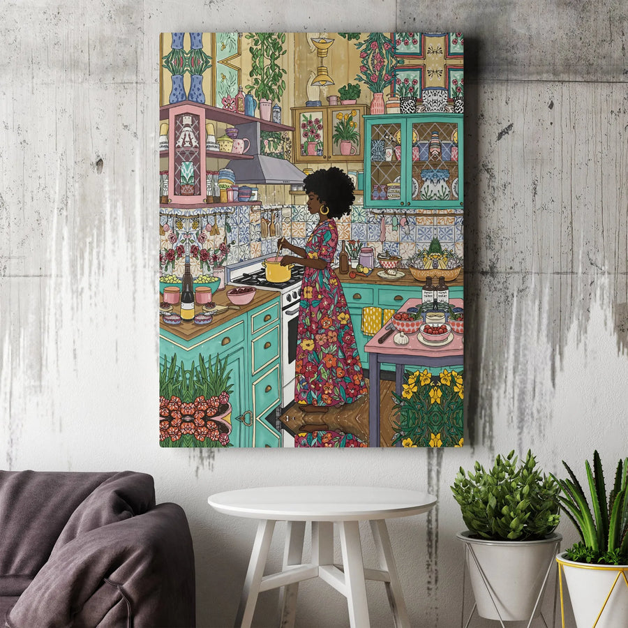 Black Woman Cooking Canvas Print | Colorful Floral Kitchen Illustration | 1.25-Inch Gallery Wrap | Bohemian Home Decor Gift for Her