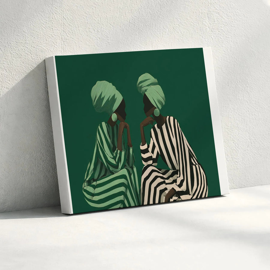 African Women Portrait Horizontal Canvas | Bold Green Headwrap & Striped Fashion Art | Premium 1.25-Inch Gallery Wrap | Afrocentric Wall Decor, Elegant Cultural Gift