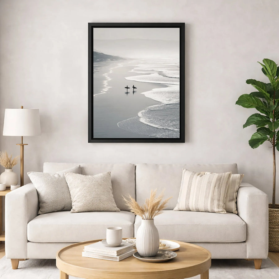 Surfer Beach Wall Art | Minimalist Black and White Ocean Canvas | 1.25-Inch Gallery Wrap | Coastal Decor for Home and Office