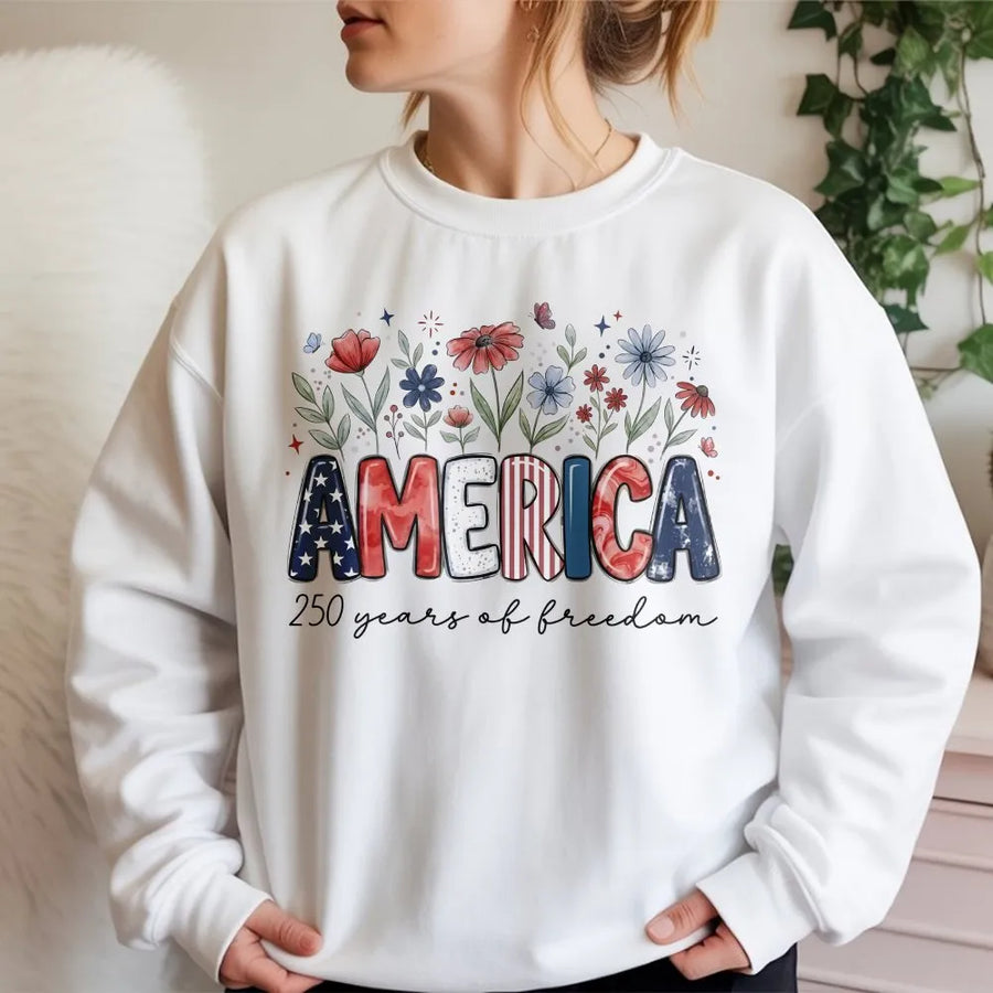 America 250th Anniversary Sweatshirt | Patriotic Floral American Flag Graphic | Premium Cotton Blend | Commemorative 4th of July Gift for Patriots