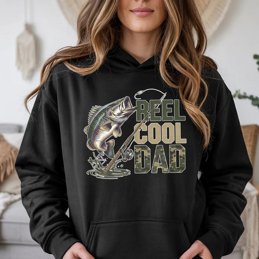 Reel Cool Dad Fishing Hoodie | Bass Fishing Graphic with Camo Text | Premium Cotton Blend | Father's Day Gift for Fisherman