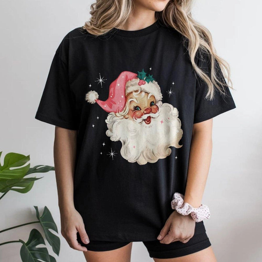 Retro Santa T-Shirt | Vintage Christmas Pink Hat Graphic | Premium Soft Cotton | Festive Holiday Gift for Women and Men