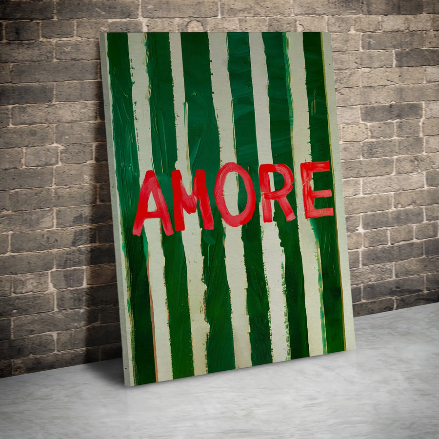 Amore Italian Love Canvas | Modern Abstract Art with Green Stripes | Premium Gallery Wrap Wall Decor | Unique Romantic Gift