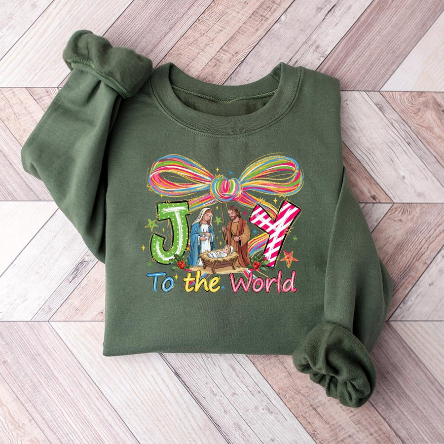 Joy To The World Sweatshirt | Nativity Scene Christmas Graphic | Premium Cotton Blend | Christian Religious Holiday Gift For Women