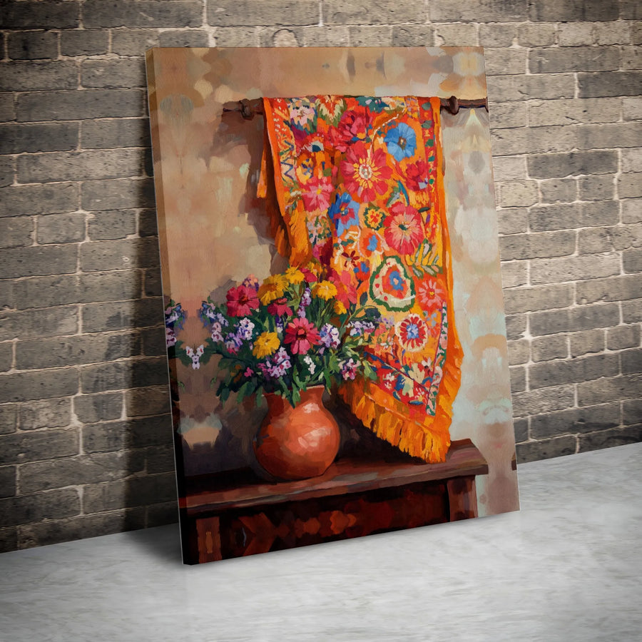 Boho Floral Still Life Canvas Print | Wildflower Vase & Tapestry Art | Premium Fade-Resistant Ink | Eclectic Home Decor Gift