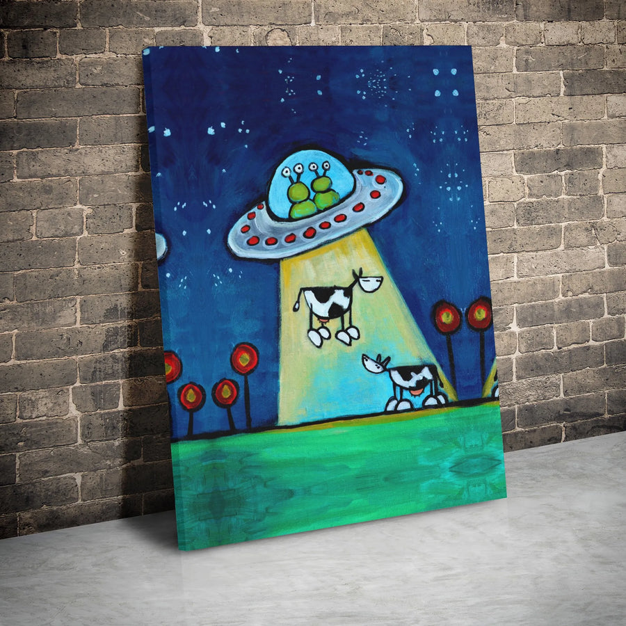 UFO Cow Abduction Canvas Print | Whimsical Alien Space Art | Premium Gallery Wrapped Decor | Funny Farmhouse Sci-Fi Wall Art Gift