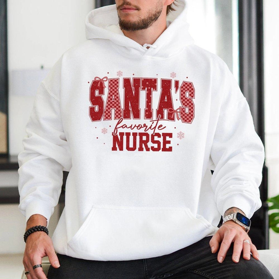 Santa's Favorite Nurse Hoodie | Festive Plaid Text Graphic | Premium Cotton Blend | Funny Christmas Gift for Nursing Students and RNs