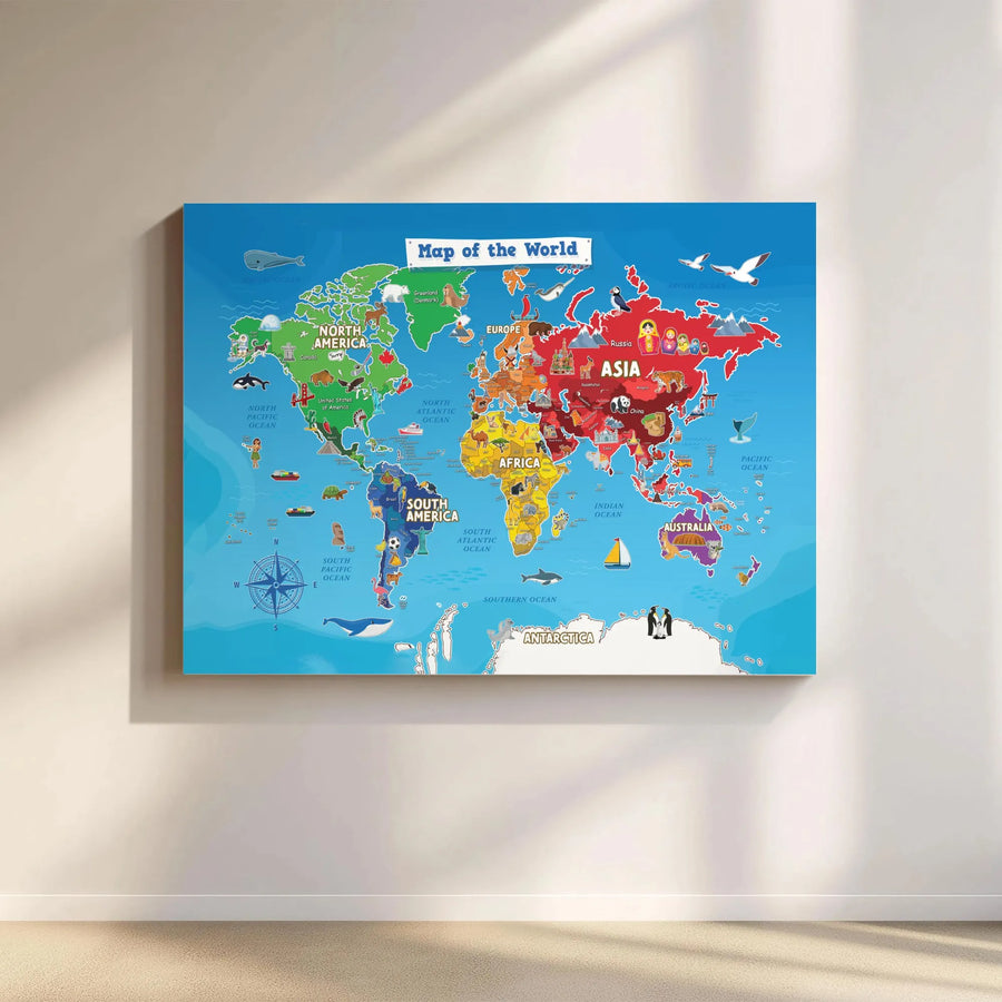 Kids World Map Canvas Wall Art | Educational Animal & Landmark Map | Premium Gallery Wrapped Canvas | Nursery Decor Gift for Young Explorer