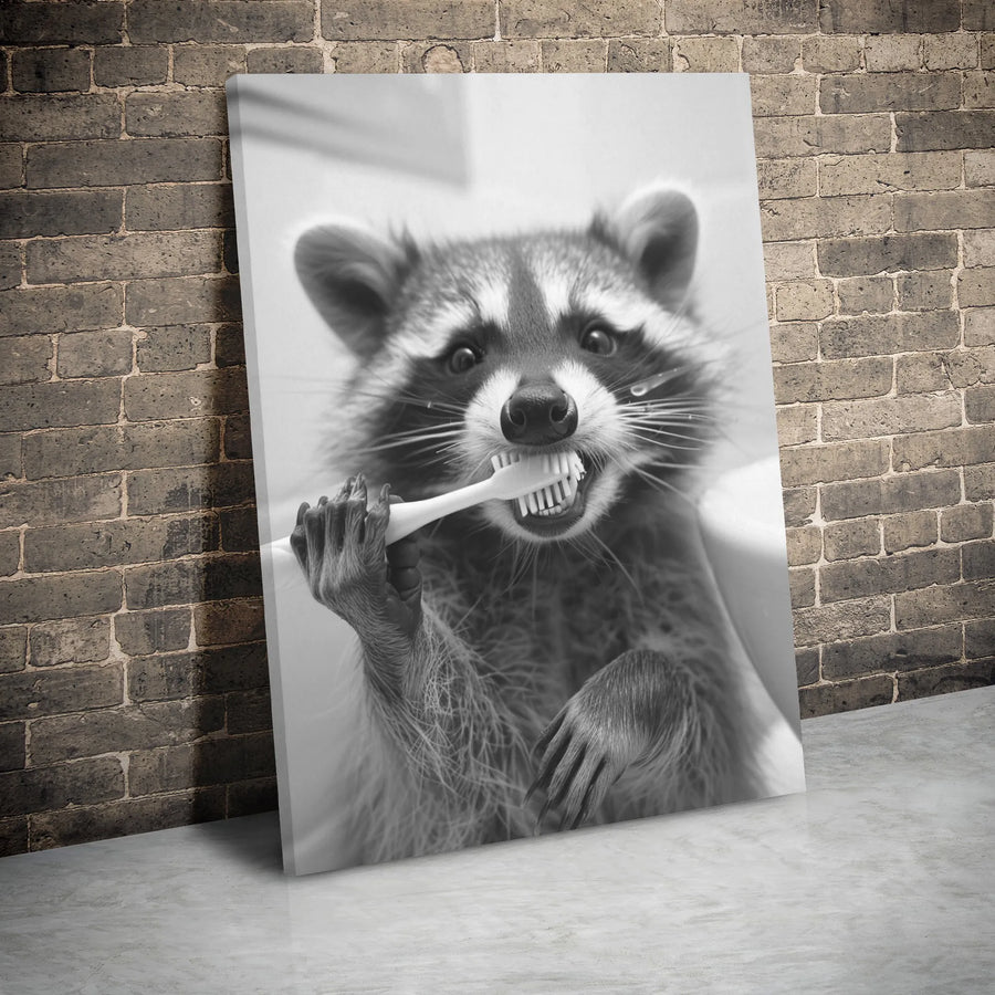Funny Raccoon Bathroom Wall Art | Quirky Animal Brushing Teeth Print | Premium Gallery Wrapped Canvas | Humorous Home Decor Gift