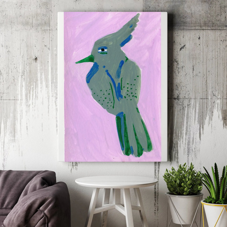 Modern Bird Art Vertical Canvas | Abstract Sage Green and Pink Painting Print | Premium 1.25" Thick Profile Wall Decor | Collector's Gift for Nursery