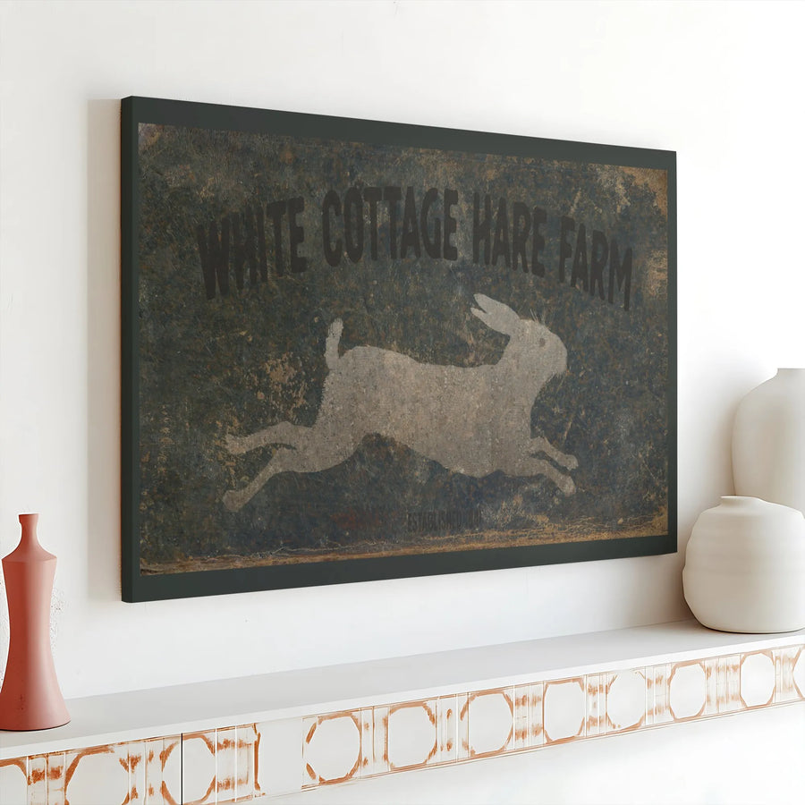 Vintage Rabbit Sign Canvas Wall Art | White Cottage Hare Farm Print | Premium Gallery Wrapped Canvas | Rustic Country Home Decor Gift