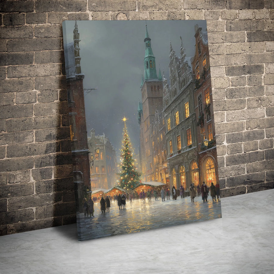 European Christmas Market Canvas | Snowy Old Town Square Wall Art | Premium Gallery Wrap Holiday Decor | Festive Winter Cityscape Gift