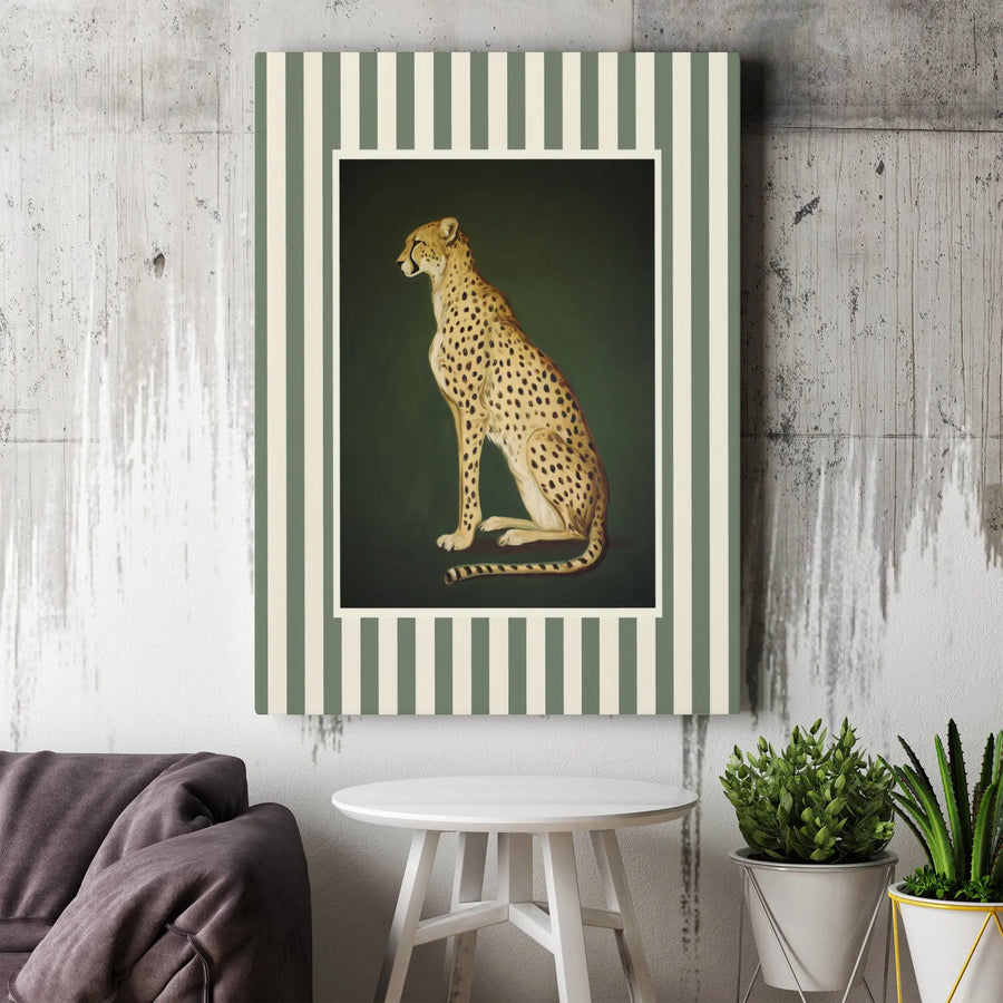 Cheetah Wall Art | Vintage Safari Animal Painting with Striped Border | Premium Gallery-Wrapped Canvas Print | Sophisticated Home Decor Gift
