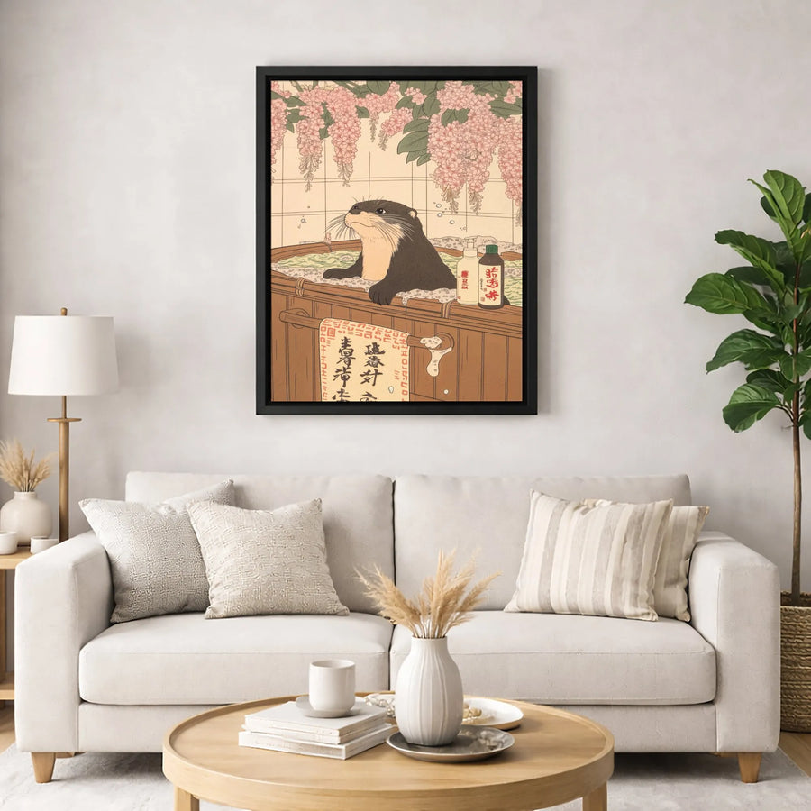 Ukiyo-E Otter In Bathtub Canvas | Japanese Wisteria Art Print | 1.25-Inch Premium Gallery Wrap | Unique Animal Bathroom Wall Decor Gift