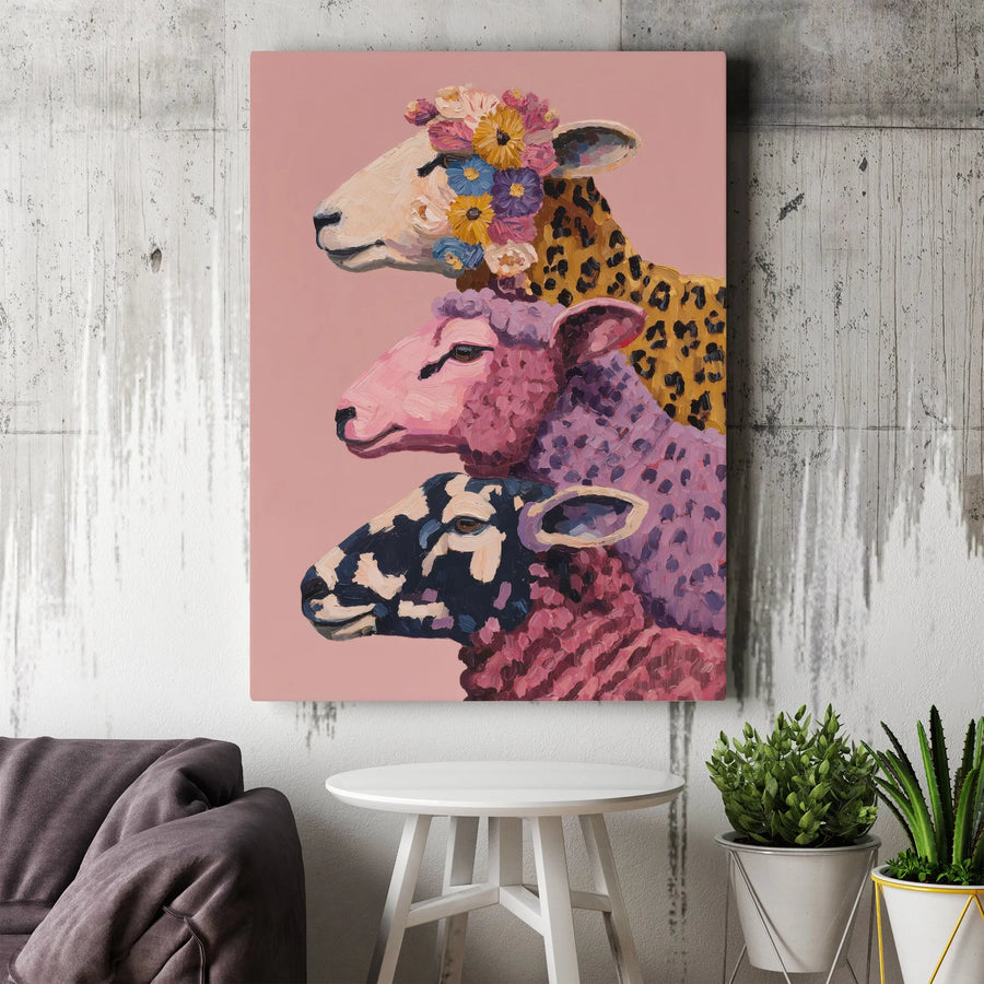 Three Sheep Canvas Wall Art | Colorful Leopard Print & Flower Crown Oil Painting Style | Premium 1.25" Gallery Wrap | Whimsical Home Decor Gift