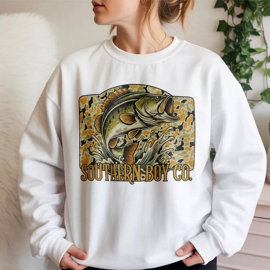 Bass Fishing Sweatshirt | Camo Retro Graphic Print | Soft Premium Cotton Blend | Country Outdoors Gift for Men & Women