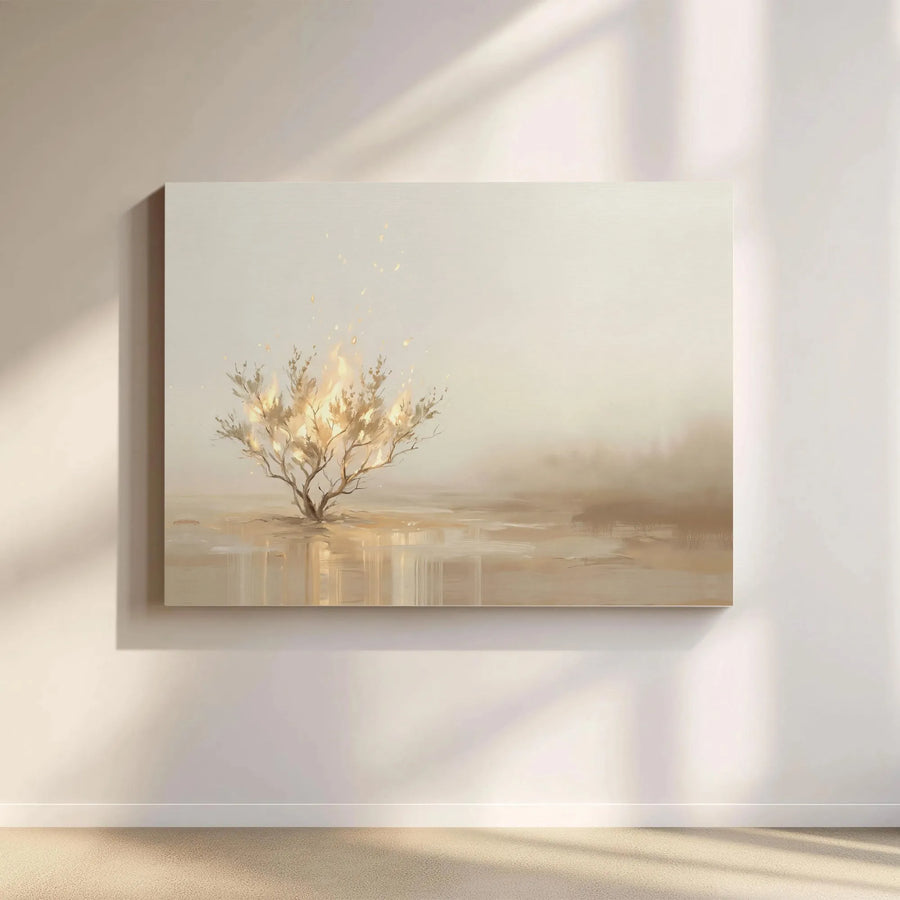 Ethereal Glowing Tree Horizontal Canvas | Minimalist Burning Bush Landscape Wall Art | Premium 1.25" Thick Gallery Wrap | Serene Home Decor Gift for Living Room