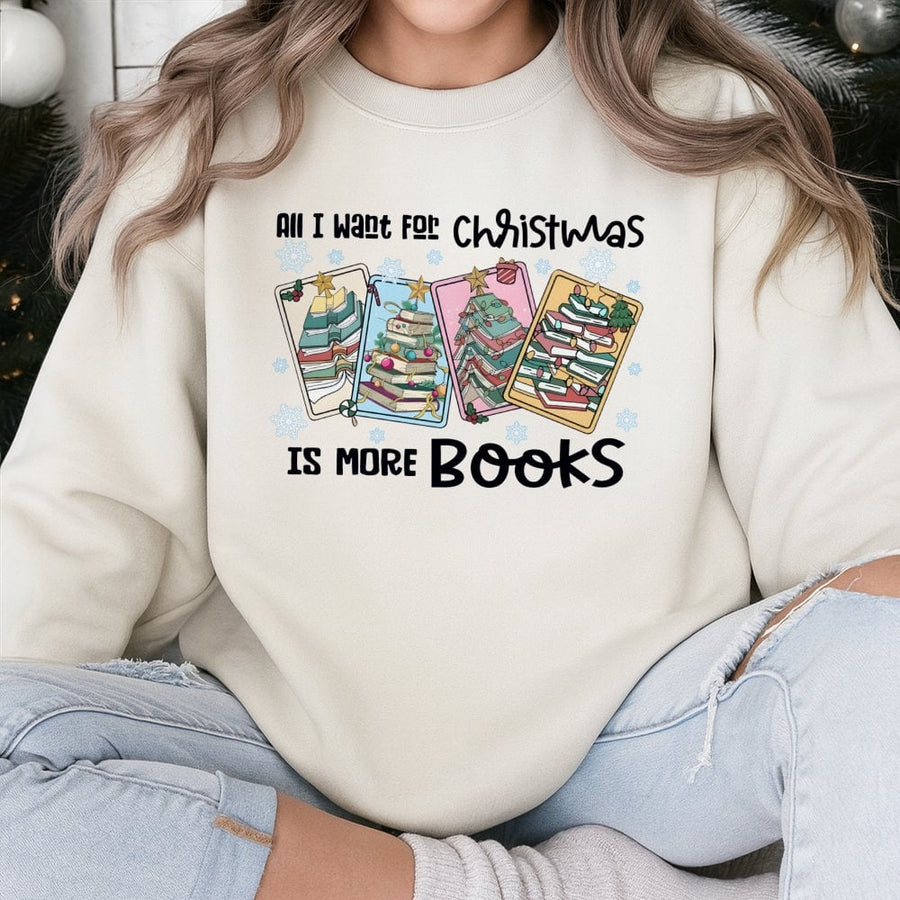 All I Want For Christmas Is More Books Sweatshirt | Book Tree Illustration | Soft Cotton-Poly Blend | Book Lover Gift for Readers and Librarians