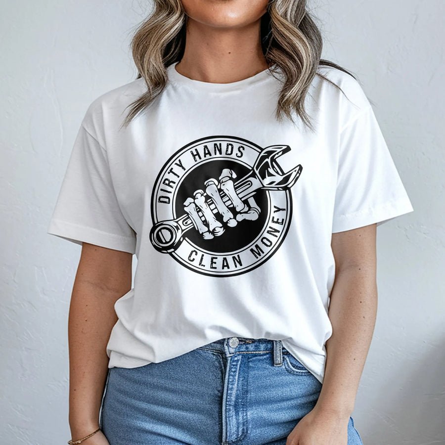 Dirty Hands Clean Money T-Shirt | Mechanic Skeleton Wrench Graphic | Premium Cotton Soft Tee | Gift For Hardworking Dad or Tradesman