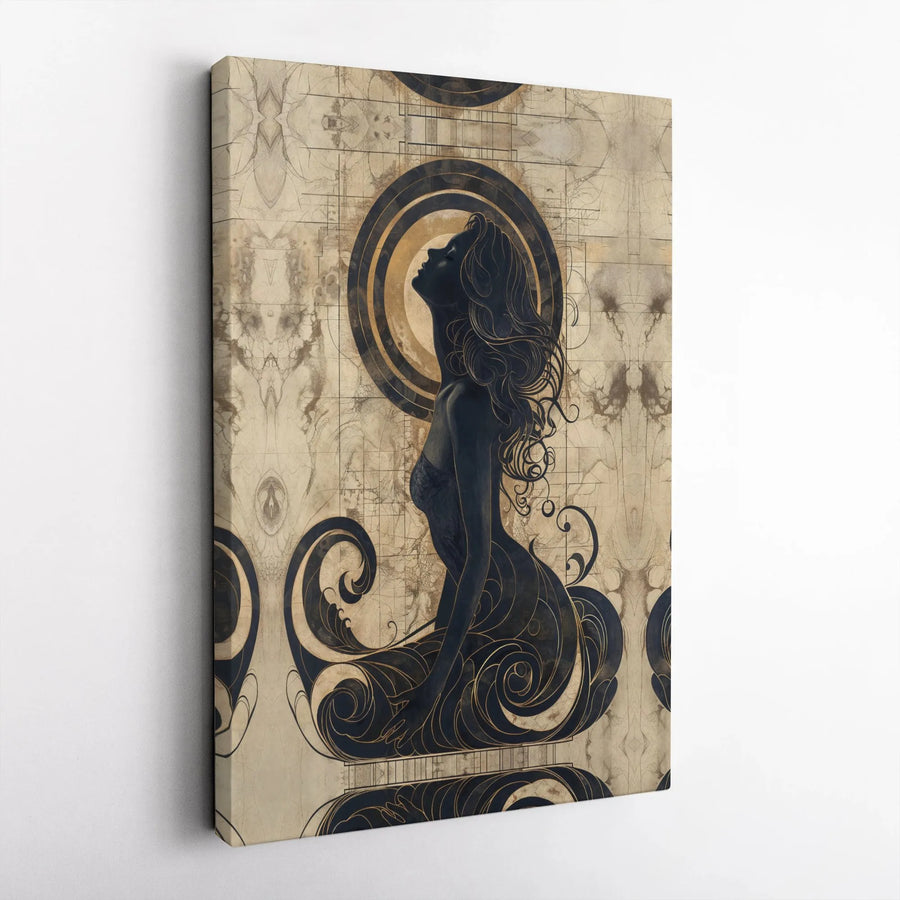Art Nouveau Woman Canvas Print | Vintage Goddess Silhouette with Gold Accents | Premium Gallery Wrapped Canvas | Spiritual Boho Wall Art for Living Room