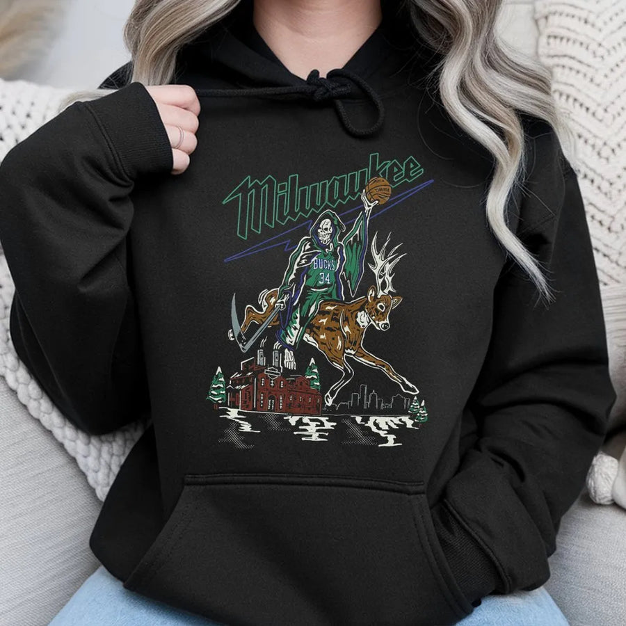 Milwaukee Bucks Grim Reaper Deer Hoodie – Giannis 34 Basketball Streetwear Graphic Hoodie, Nba Fan Gift, Vintage Milwaukee Bucks Hoodie
